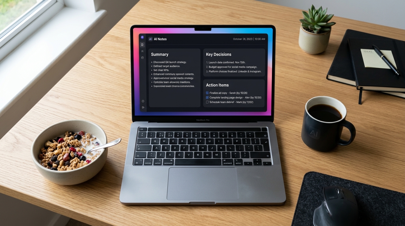A modern, minimalist workspace flat lay showing an open laptop on a clean wooden desk with a digital coffee cup. On the laptop screen, a sleek, beautifully designed dark theme AI meeting notes application interface with organized sections like 'Summary', 'Key Decisions', and 'Action Items' is displayed. A single minimalist cereal bowl with granola is placed next to the laptop.