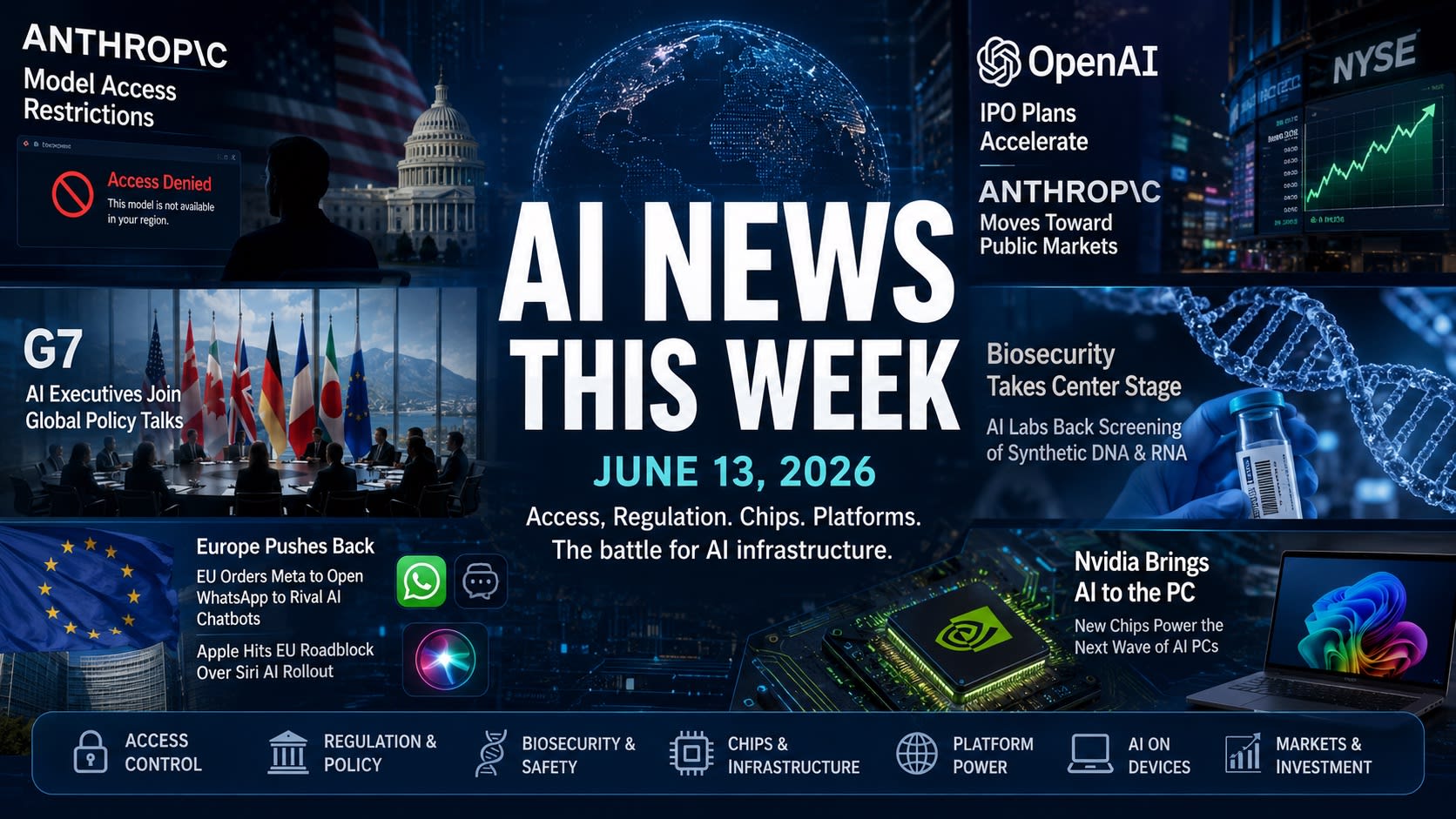 Weekly AI news June 13 2026 header image showing Anthropic model restrictions, OpenAI IPO reports, G7 AI policy talks, biosecurity DNA screening, EU platform rules, Apple Siri AI, and Nvidia AI PCs.