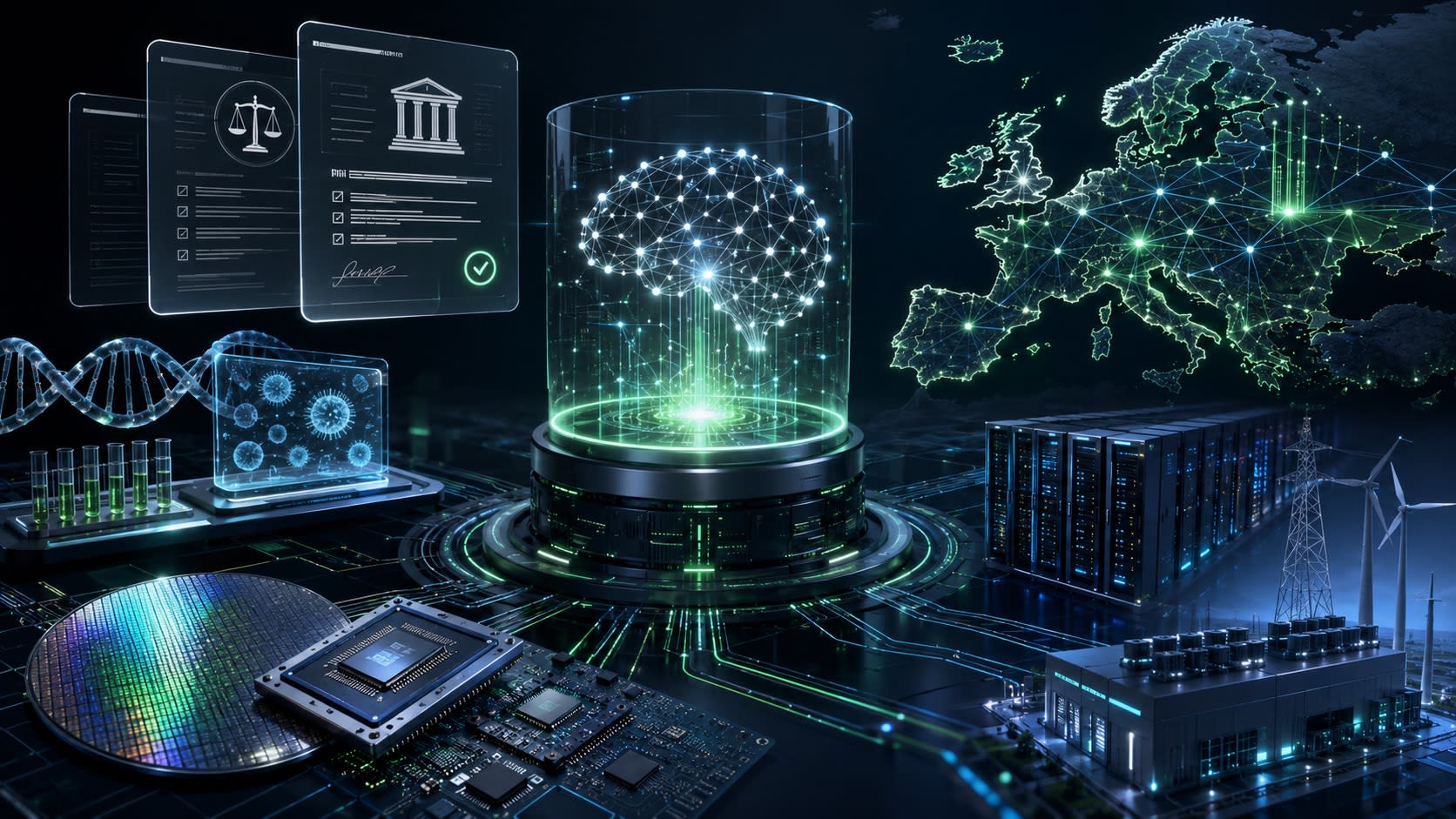 Daily AI news June 4 2026 header image showing OpenAI model approval debate, AI biosecurity DNA screening, TSMC chip demand, Europe AI sovereignty, and data center power infrastructure.